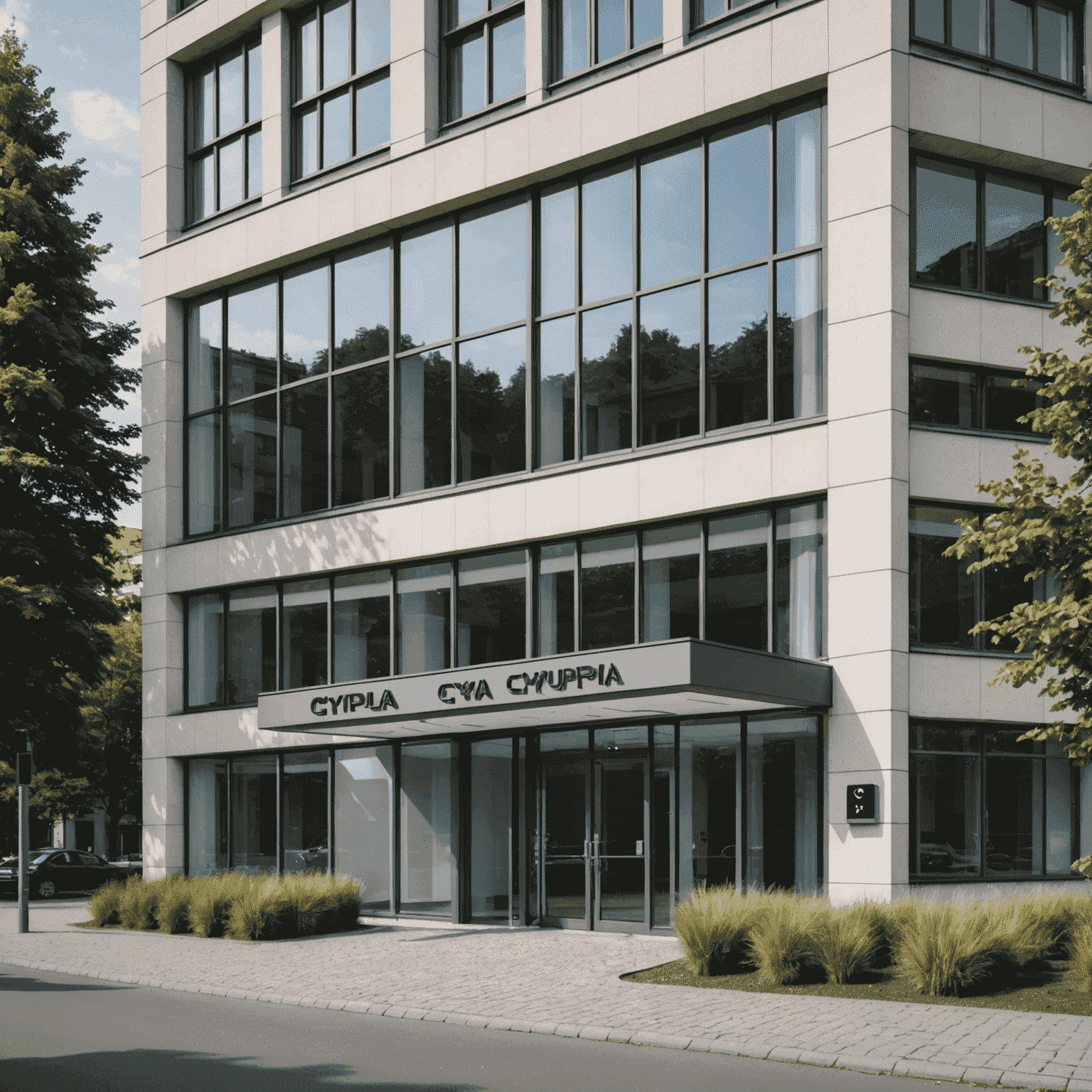 Modernes Bürogebäude in Berlin mit großen Fenstern und einer einladenden Eingangstür. Das Logo von cypupia.com ist prominent an der Fassade angebracht.