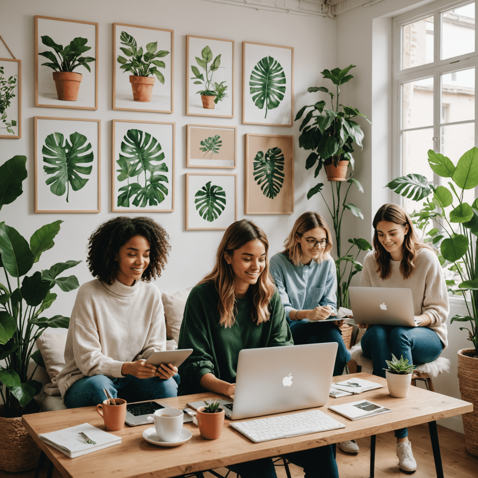 Eine Gruppe von Bloggern, die an Laptops arbeiten und sich gegenseitig Ideen zeigen. Sie sitzen in einem gemütlichen, hellen Raum mit Pflanzen und inspirierenden Wandpostern.