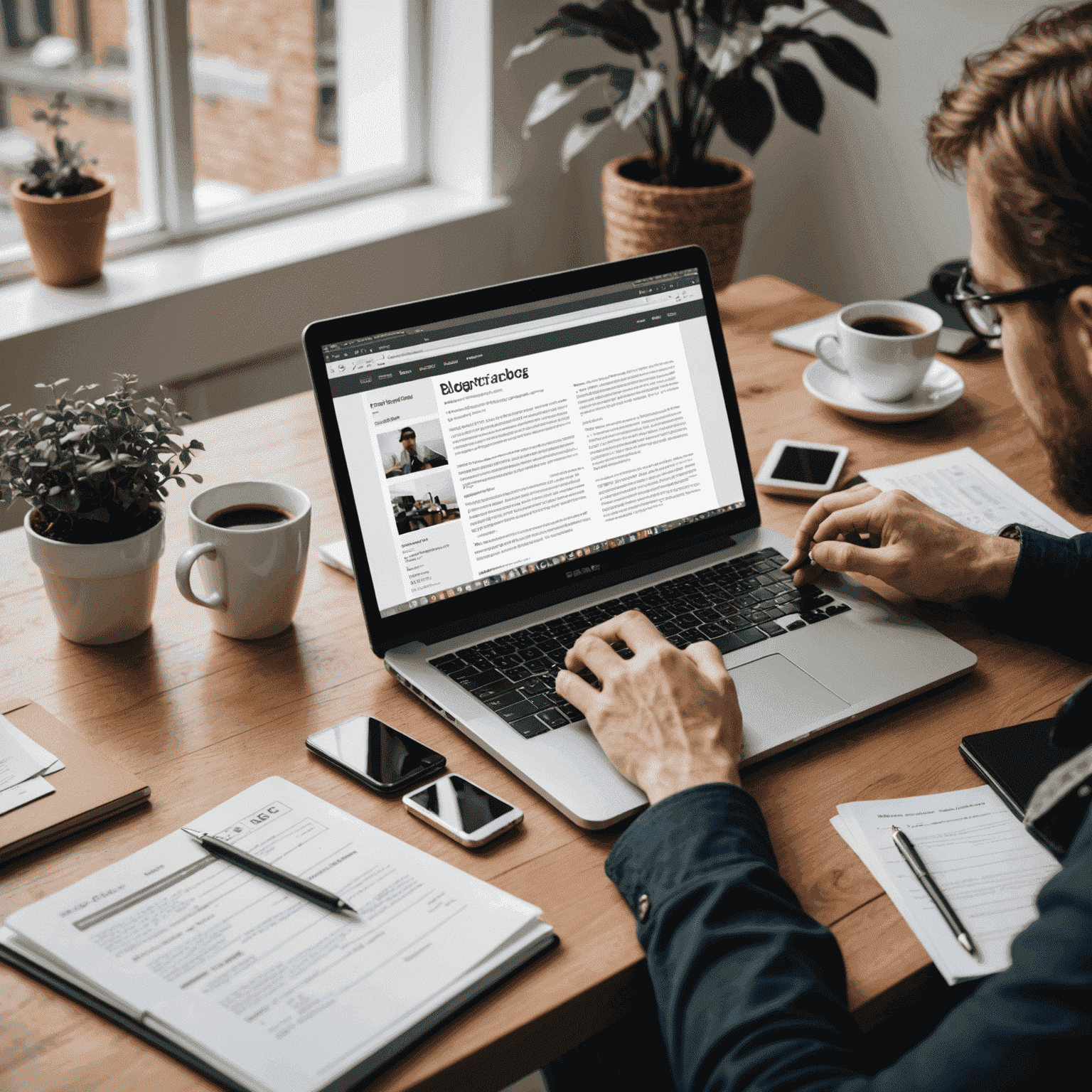 Ein Blogger, der an einem Laptop arbeitet, umgeben von Notizen und einer Tasse Kaffee. Der Bildschirm zeigt einen Blogartikel in Bearbeitung.