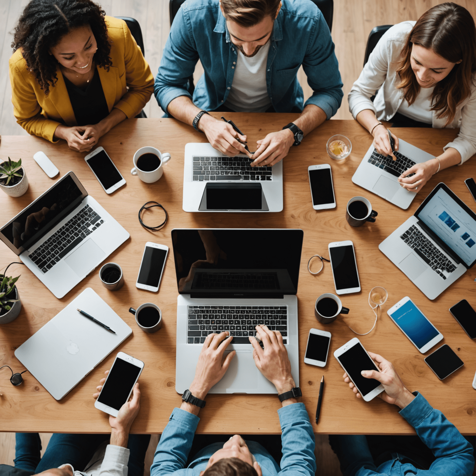 Gruppe von Bloggern, die zusammenarbeiten und sich vernetzen, symbolisiert durch verbundene Laptops und Smartphones auf einem Tisch