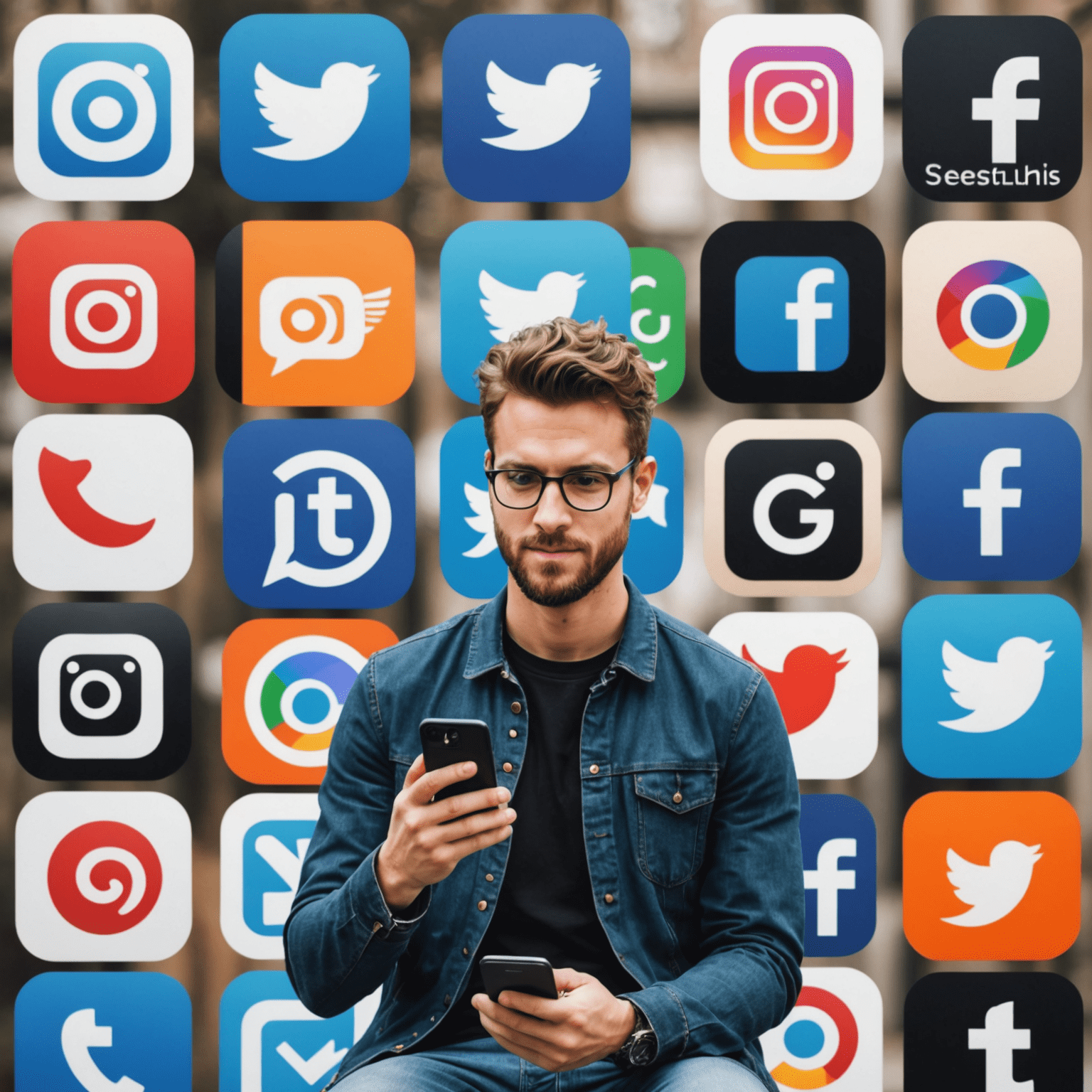 Eine Collage von verschiedenen Social-Media-Plattform-Logos und einer Person, die ein Smartphone benutzt, um ihre Online-Präsenz zu verwalten.