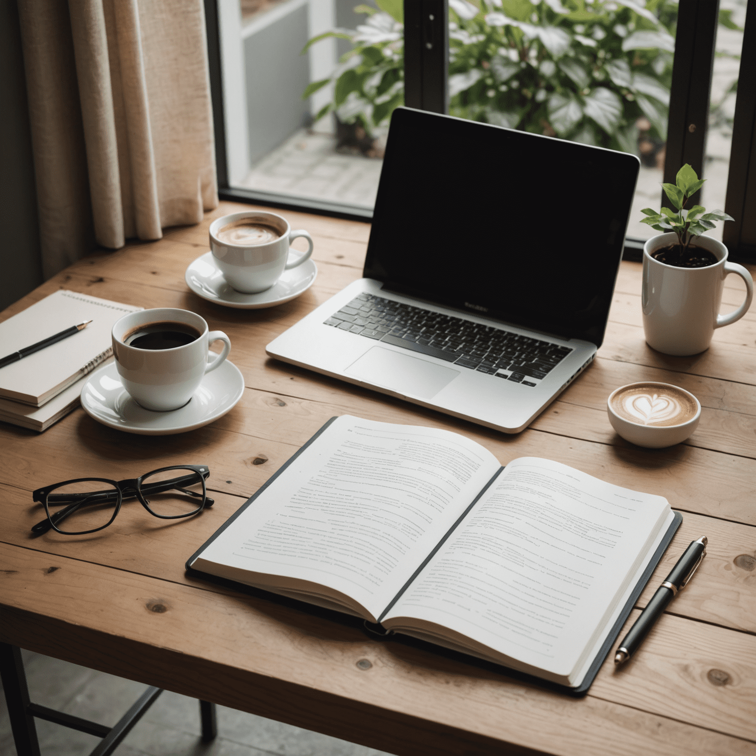 Ein Schreibtisch mit Laptop, Notizbuch und Kaffeetasse, der die Atmosphäre des Content-Erstellens vermittelt