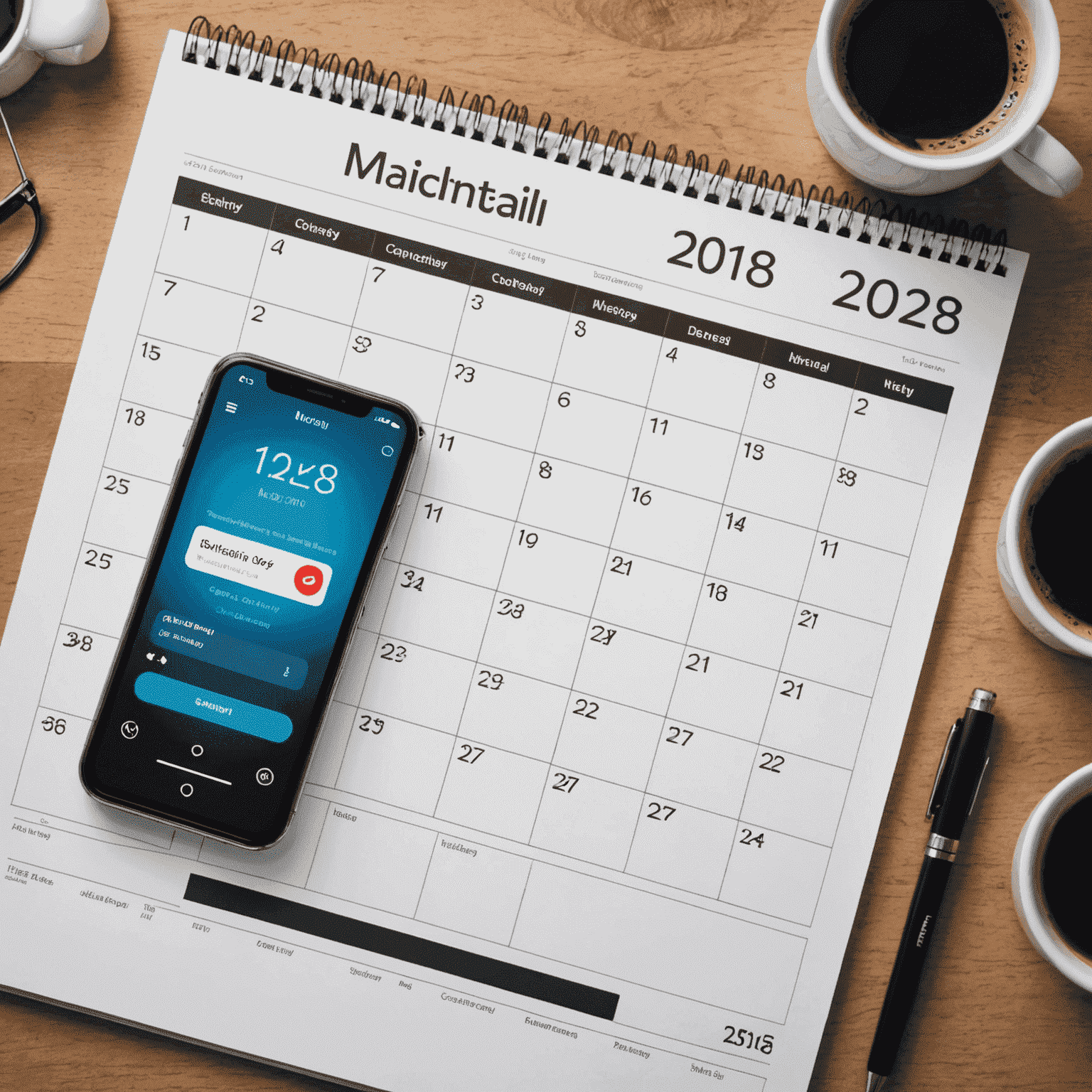 Ein Kalender mit markierten Posting-Terminen und ein Smartphone, das Social-Media-Apps zeigt