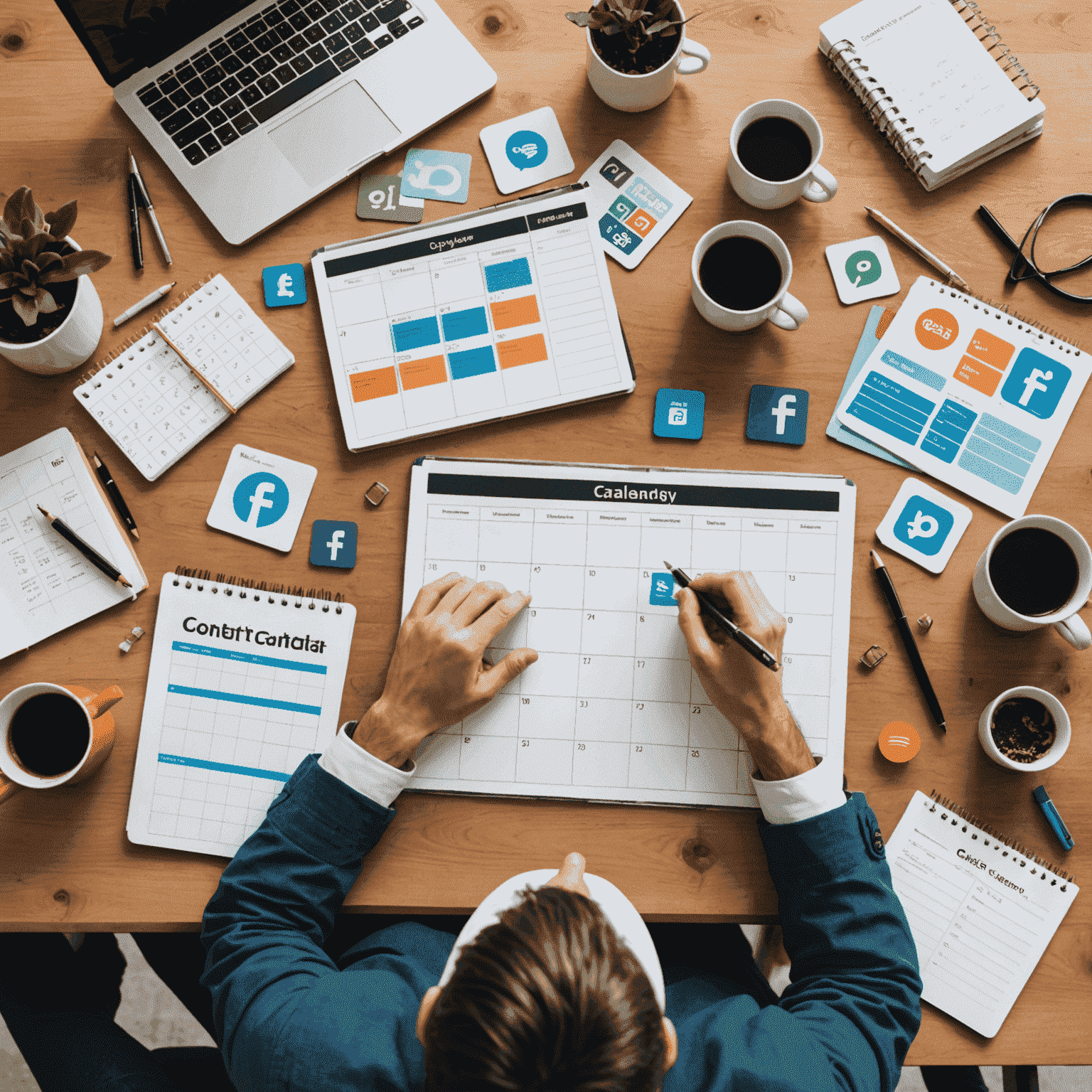 Eine Person, die an einem Schreibtisch sitzt und einen Inhaltskalender plant, umgeben von verschiedenen Social-Media-Symbolen