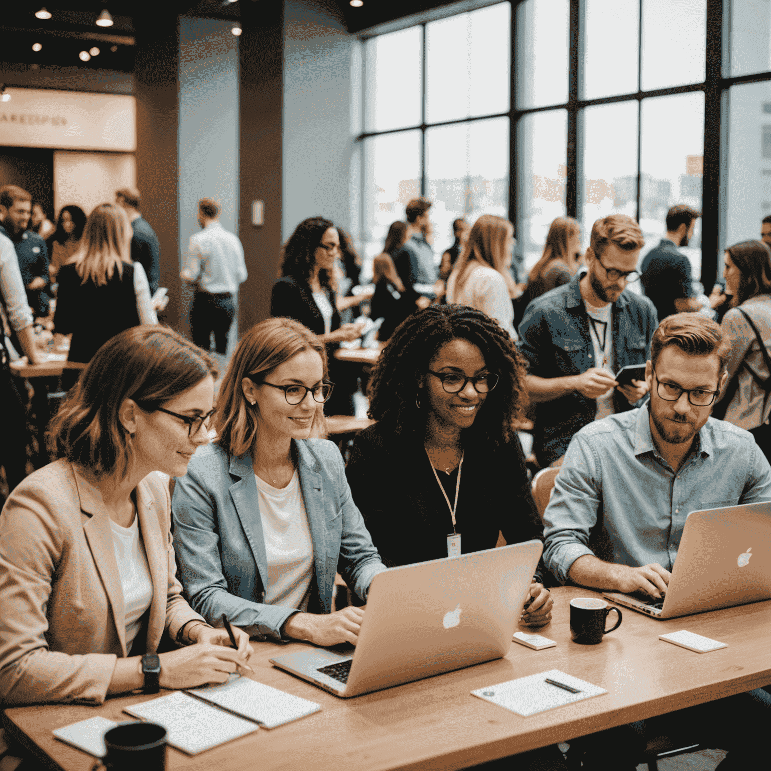 Eine Gruppe von Personen, die sich auf einer Blogger-Konferenz vernetzen, mit Laptops und Namensschildern